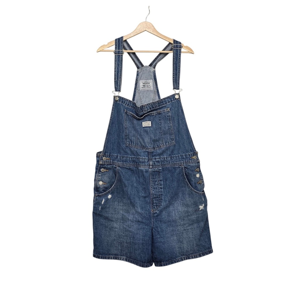 Levis Medium Wash Denim Shortalls Overalls Size XL Relaxed Fit Distressed
